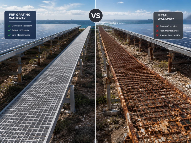 Perché il grigliato in FRP è il materiale migliore per le passerelle O&M nel settore fotovoltaico (grato solare in FRP rispetto al metallo)