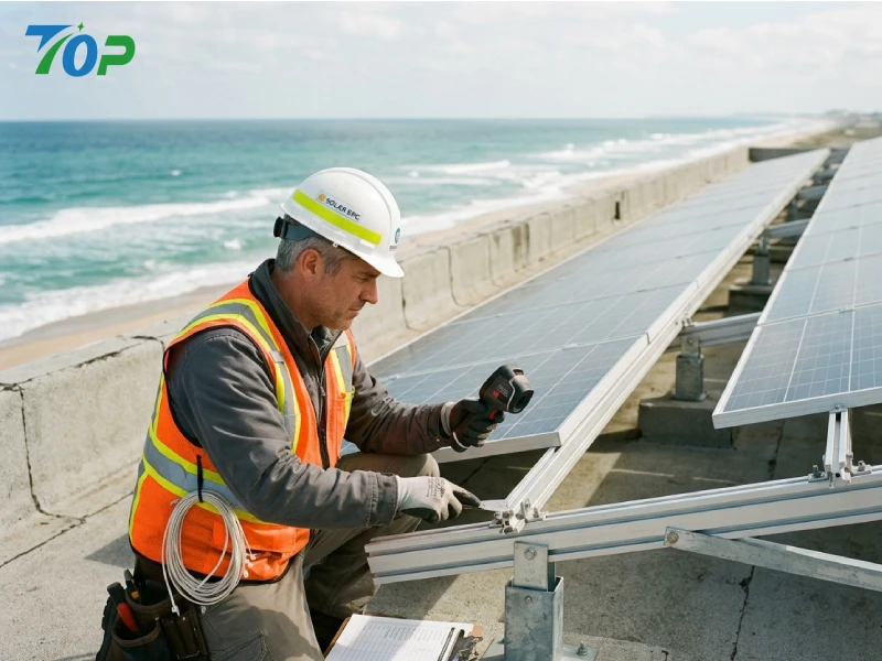 engineer inspecting coastal solar mounting system for corrosion and structural integrity